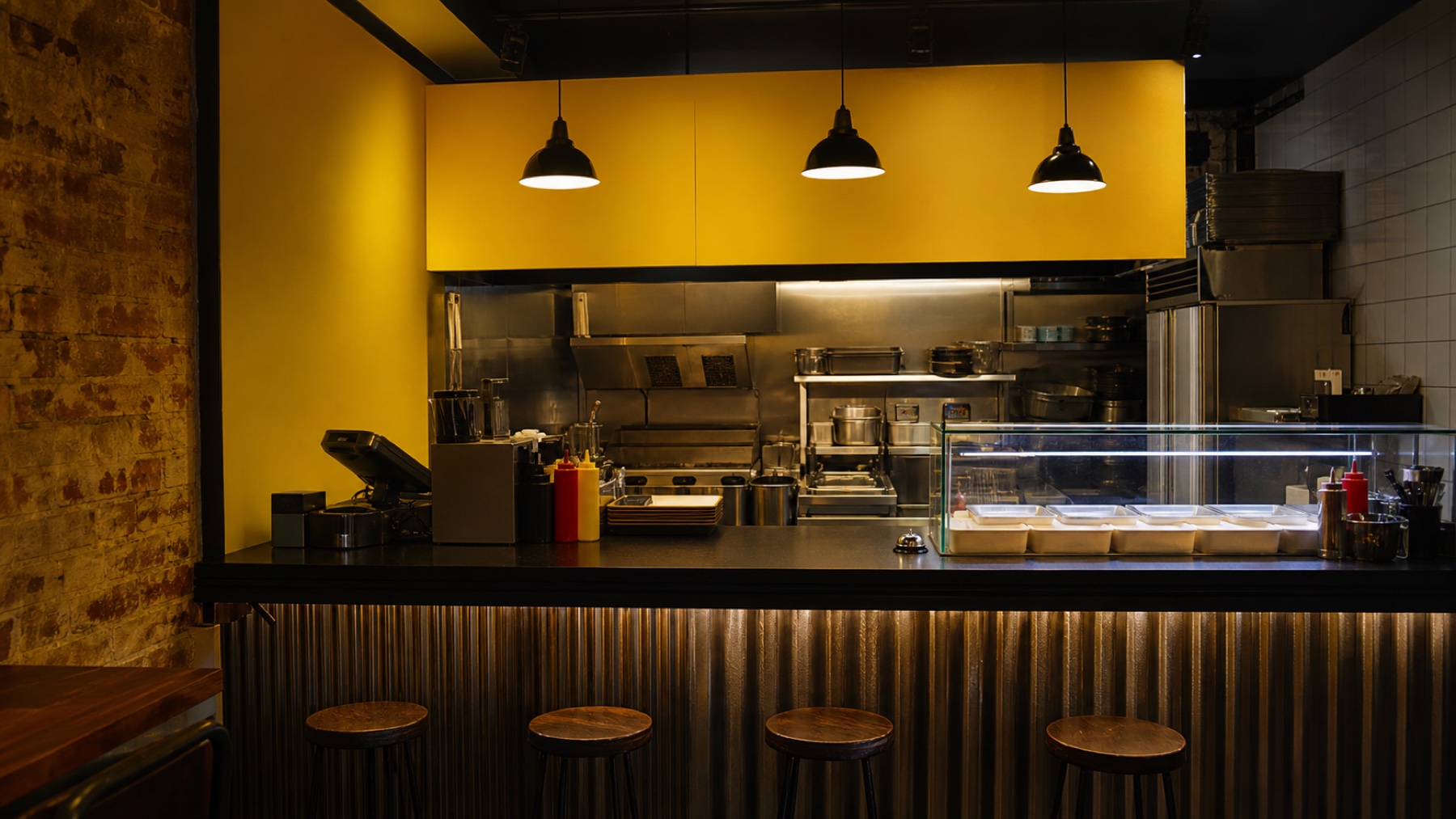 Warm yellow Korean burger shop interior